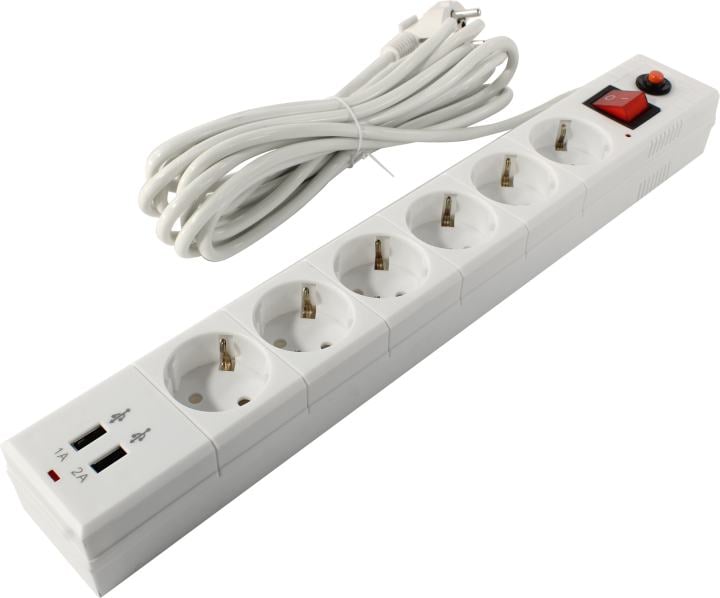 Сетевой фильтр Buro BU-SP5_USB_2A-W <5м> (6  розеток+2  USB)