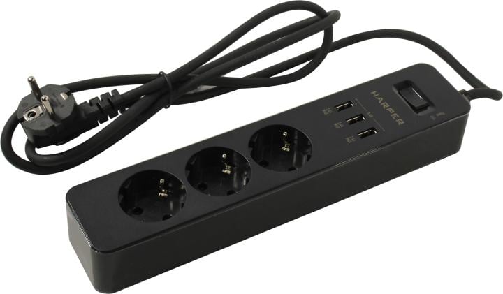 Удлинитель HARPER <UCH-315 Black>  <1.5м> (3  розетки  +  3 USB)