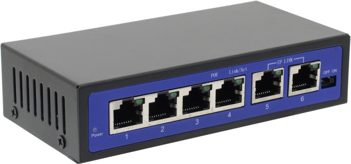 ORIENT SWP-7504POE/2P, PoE коммутатор 4 порта, 4xPoE 100Mbps + 2xUplink 100Mbps, Bandwidth 1.2Gbps, PoE-A (1/2+,3/6-), IEEE802.3af/at, мощность до 96Вт, дальность 100 метров, внешний БП