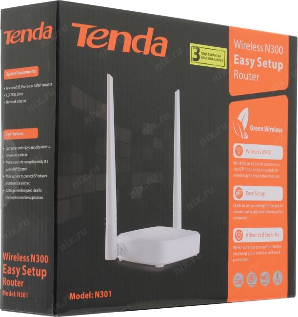 TENDA <N301> Wireless N300 Router (3UTP 100Mbps, 1WAN, 802.11 b/g/n,  300Mbps,  2x5dBi)