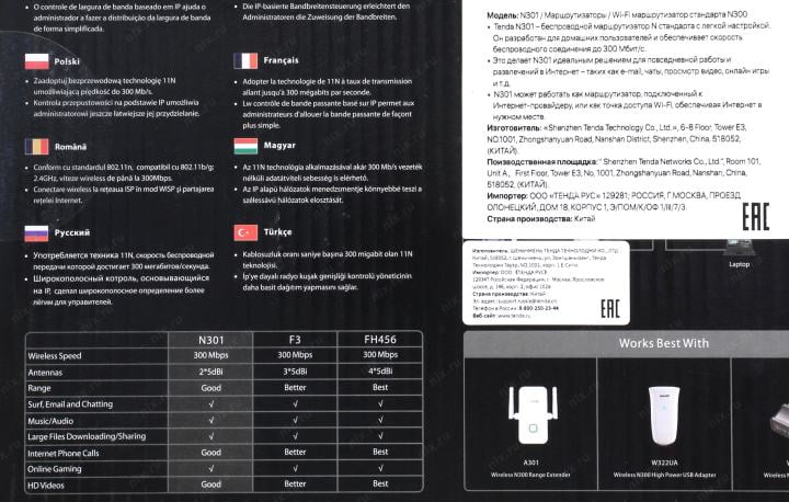 TENDA <N301> Wireless N300 Router (3UTP 100Mbps, 1WAN, 802.11 b/g/n,  300Mbps,  2x5dBi)