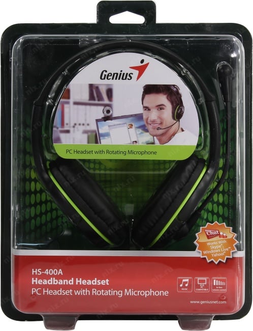 Наушники с микрофоном Genius HS-400A (шнур 1.8м, с  регулятором громкости) (31710169100)