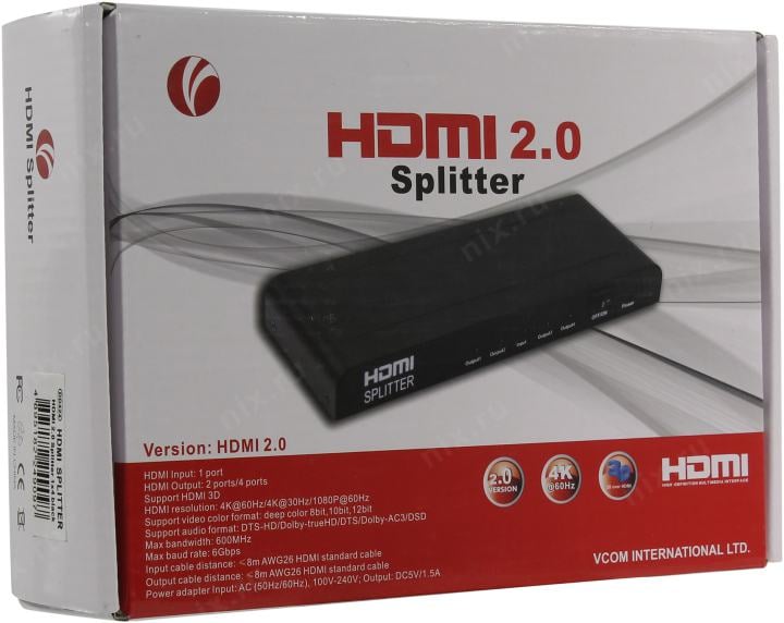 VCOM <DD424> HDMI Splitter (1in -> 4ou,  ver2.0t) + б.п.