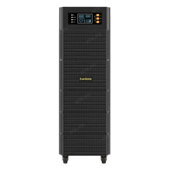 Источник бесперебойного питания On-line ExeGate PowerExpert TL-575-10kVA.192V.LCD.AVR.T.USB.RS232.SNMP 10000VA/10000W, On-Line, PF=1, LCD, клеммы, RS232, USB, SNMP-slot, встроенные батареи 12V 7.2Ah - 16шт, возможность подключения до 4 внешних батарейных блоков 192В, Tower, металлический корпус на колесиках, черный