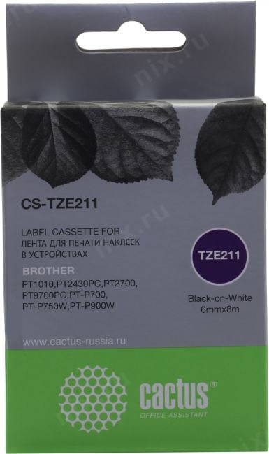 Cactus <CS-TZE211> лента для печати этикеток (ширина 6мм, 8м, Black on  White) для Brother