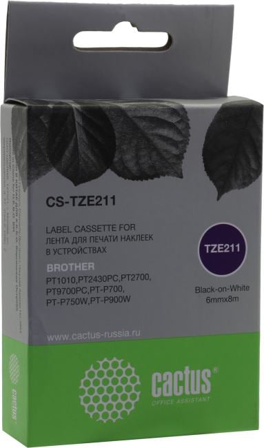 Cactus <CS-TZE211> лента для печати этикеток (ширина 6мм, 8м, Black on  White) для Brother