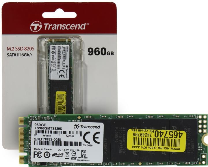Диск SSD Transcend - MTS820S, для ноутбука, M.2 2280, 960 ГБ, SATA, 6 Гб/с, speed write-500МБ/с read-550МБ/с, TLC, TS960GMTS820S