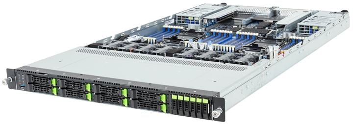 Серверная платформа/ Gigabyte R184-S91-AAV1, 1U, 2x LGA 4710 (Socket E2) 350W, 32x DDR5, 6 x 9.5mm E1.S NVMe + 8x 2.5" NVMe/SATA/SAS-4* (need hba/raid), 2 x M.2 (2280/22110) + Internal M.2 (2280), 2 x 1 Gb/s LAN (Intel I350-AM2) + 1x Management LAN, 2 x FHHL PCIe x16 slots Gen5 x16,2x OCP 3.0 PCIe Gen5 x16, 1+1 1600W