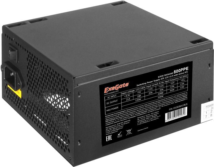 EXEGATE EX260641RUS-PC Блок питания 500W ExeGate 500PPE (ATX, APFC, PC, КПД 80% (80 PLUS), 12cm fan, 24pin, 2x(4+4)pin, 2xPCI-E, 5xSATA, 3xIDE, black, кабель 220V в комплекте)