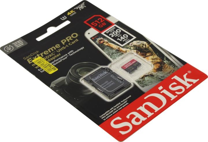Карта памяти SanDisk - Extreme Pro, microSDXC, write speed 140Mb/s, read speed 200Mb/s, UHS-I Class 3, Class 10, 512GB, microSD -> SD адаптер, SDSQXCD-512G-GN6MA