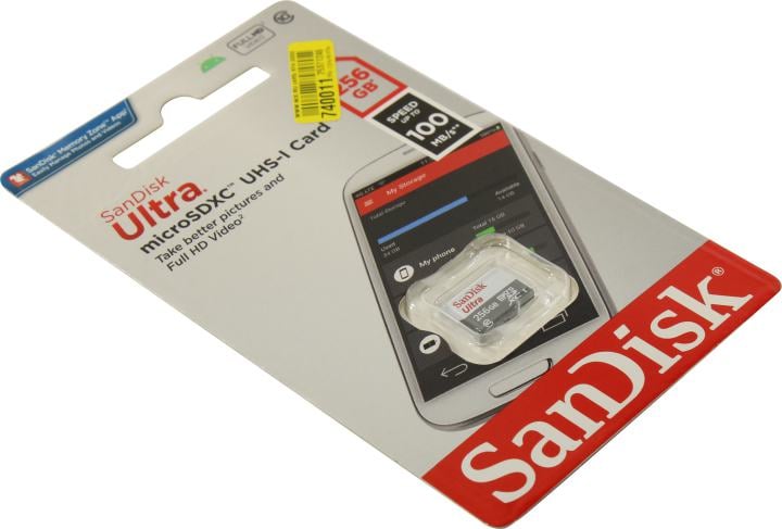 Карта памяти SanDisk - Ultra, microSDHC, read speed 100Mb/s, UHS-I Class 1, Class 10, 256GB, SDSQUNR-256G-GN3MN