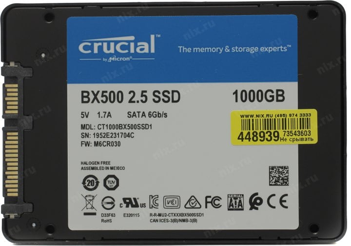 SSD 1 Tb SATA 6Gb/s Crucial BX500 <CT1000BX500SSD1>  2.5" 3D TLC