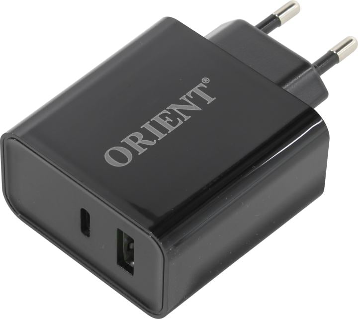 ORIENT PU-F45D, Сетевое зарядное устройство с функцией быстрой зарядки, мощность 45Вт, Quick Charge 3.0+Power Delivery, выходы: USB-A + Type-C, DC 5/9/12/15/20В, цвет черный (31127)