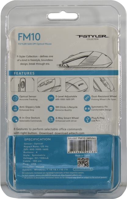 A4Tech FSTYLER Optical Mouse <FM10 White>  (RTL) USB 4btn+Roll