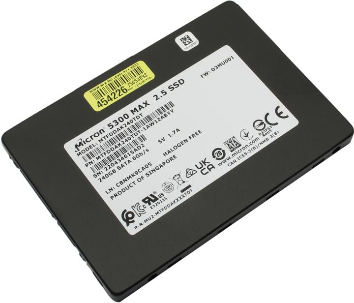 Диск SSD Micron - 5300 MAX, серверный, 2.5", 240 ГБ, SATA, 6 Гб/с, speed write-380МБ/с read-540МБ/с, TLC, MTFDDAK240TDT-1AW1ZABYY