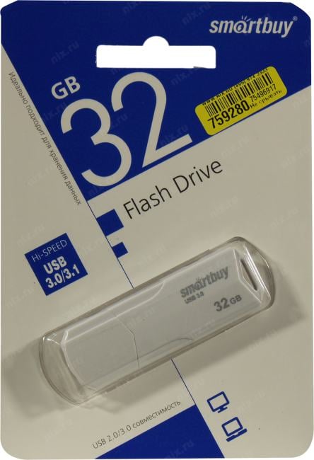 Флешка USB Smartbuy CLUE White (SB32GbCLU-W3), 32Gb, USB 3.0/3.1, R/W 40/25, белый