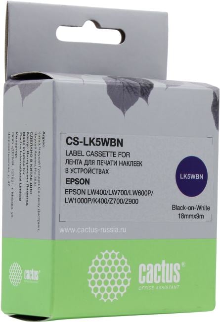 Cactus <CS-LK5WBN> лента для печати этикеток (ширина 18мм, 9м, Black on  White)  для  Epson LW400/LW700/LW600P