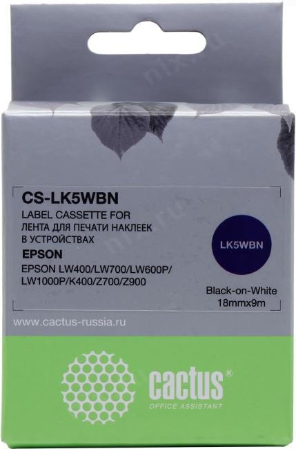 Cactus <CS-LK5WBN> лента для печати этикеток (ширина 18мм, 9м, Black on  White)  для  Epson LW400/LW700/LW600P