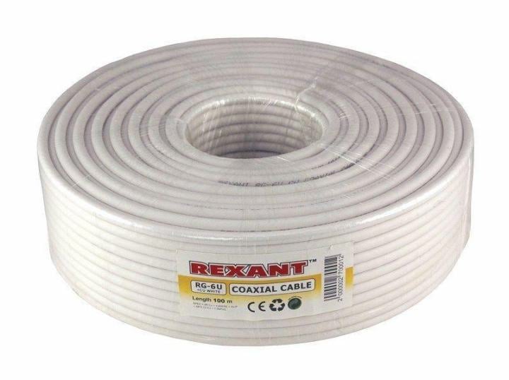 01-2221 Кабель коаксиальный REXANT RG-6U+Cu, 75 Ом, Cu/Al/Cu, 64%, бухта  100 м, белый