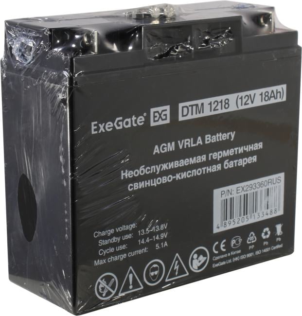 Exegate EX293360RUS Аккумуляторная батарея ExeGate DTM 1218 (12V 18Ah, клеммы F3 (болт М5 с гайкой))