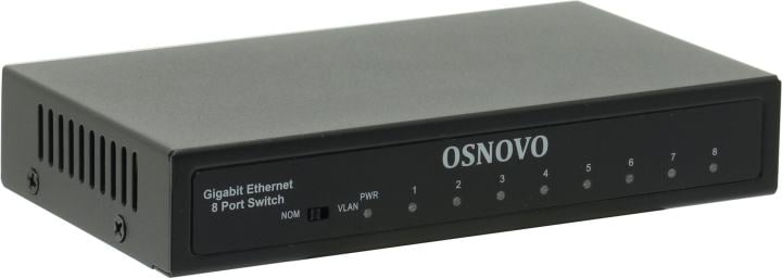 Коммутатор Gigabit Ethernet OSNOVO SW-70800 Коммутатор Gigabit Ethernet на 8 RJ45 портов. Порты: 8 x GE (10/100/1000Base-TX). Изоляция портов (VLAN). Auto MDI/MDIX Встроенная грозозащита 3кВ. В комплекте БП DC12V(1A). Размеры (Ш
