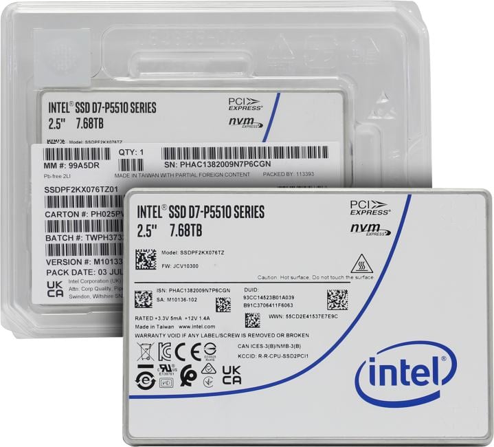 Диск SSD Intel - D7-P5510, серверный, 2.5" 15 мм, 7.68 ТБ, U.2 NVMe PCIe 4.0 x4, speed write-4194МБ/с read-7000МБ/с, TLC, SSDPF2KX076TZ01