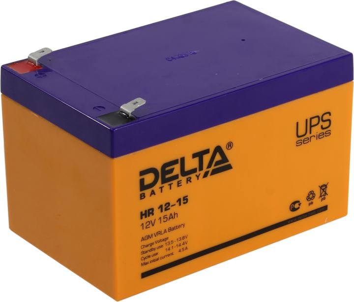 Батарея DELTA серия HR, HR 12-15, напряжение 12В, емкость 15Ач (разряд 20 часов),  макс. ток разряда (5 сек.) 200А, макс. ток заряда 4.5А, свинцово-кислотная типа AGM, клеммы F2, ДxШxВ 151х98х95мм., вес 4.6кг., срок службы 8 лет./ Battery DELTA series HR, HR 12-15, voltage 12V, capacity 15Ah (discharge 20 hours), max. discharge current (5 sec.) 200A, max. charge current 4.5A, lead-acid type AGM, terminals F2, LxWxH 151x98x95mm., weight 4.6kg., service life 8 years.
