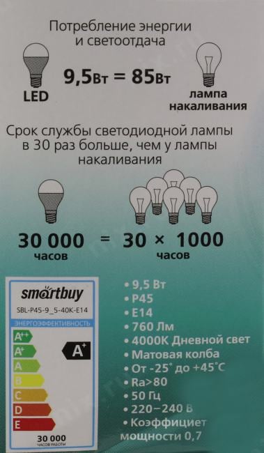 Smartbuy <SBL-P45-9_5-40K-E14> (E14, 760 люмен, 4000К,  9.5Вт,  220-240В)