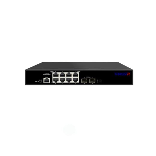 Управляемый коммутатор TRASSIR уровня L2+ с 8 PoE портами (10/100/1000 Мбит/с Base-T PoE port), 2 SFP порта и консольным портом, стандарты PoE EEE802.3af, EEE802.3at, максимальная мощность на порт 30Вт, общая - 120 Вт. Максимальная потребляемая мощность 120 Вт. Дальность передачи PoE до 250 метров. Молниезащита и ESD.PD-alive 180 сек. Топология подключения: Звезда, Каскад,Кольцо. Рабочая температура: 0...45 С. Габариты: 270х44.5х180. 
Гарантия 3 года.