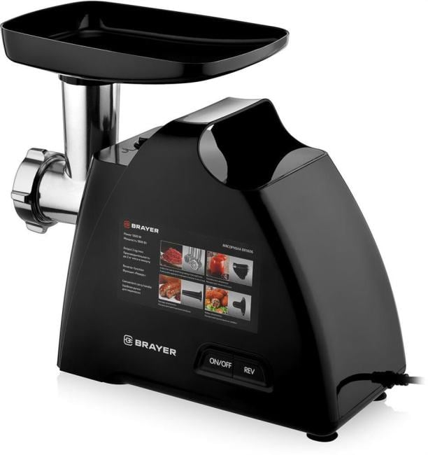 Мясорубка электрическая BRAYER BR1606 черный, 1800 Вт, 2.0 кг/мин, реверс, защита от перегрузки, насадки - 5