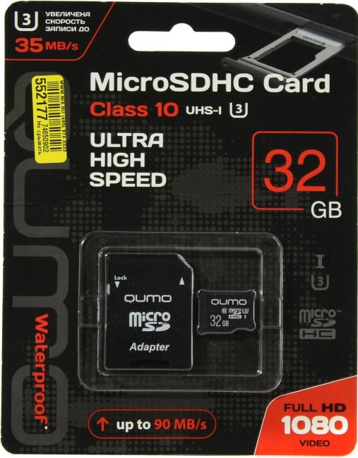 Qumo <QM32GMICSDHC10U3> microSDHC 32Gb Class10 UHS-I U1  + microSD-->SD Adapter