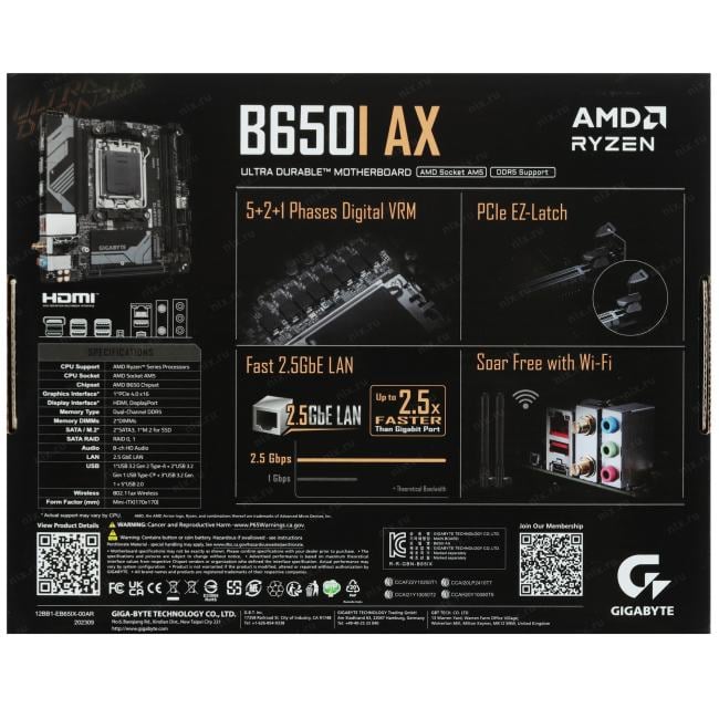 GIGABYTE B650I AX (RTL) AM5 <B650> PCI-E HDMI+DP 2.5GbLAN+WiFi  SATA  RAID  Mini-ITX 2DDR5