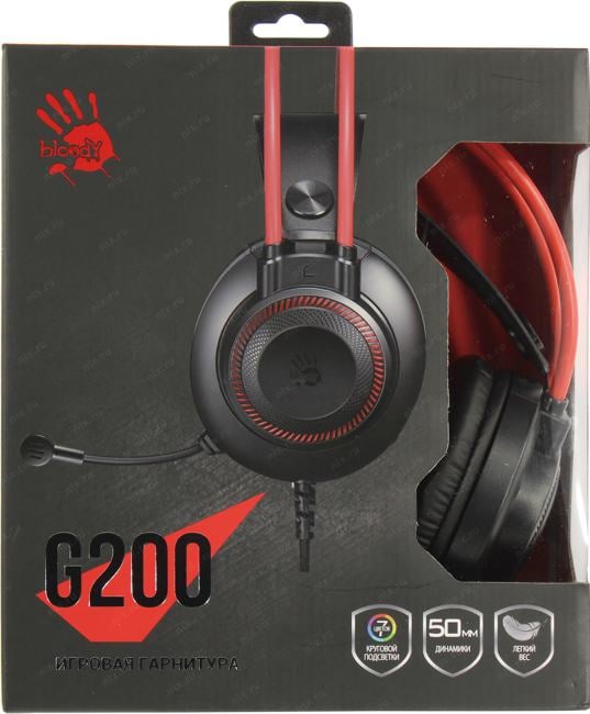 Наушники с микрофоном Bloody G200 Black-Red (USB, шнур 2м,  с регулятором громкости)