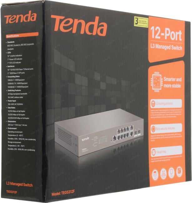 Коммутатор Управляемый TENDA - TEG5312F, Layer 3, 10-1GbE, 2-SFP, SNMP, telnet, Web, настольный/настенный, серый, TEG5312F