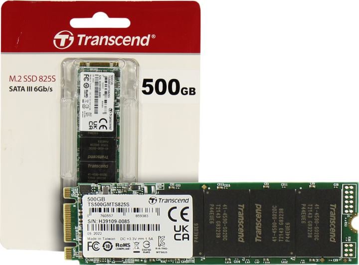 Накопитель SSD M.2 Transcend 500Gb MTS825 TS500GMTS825S (SATA3, up to 530/480MBs, 3D NAND, 180TBW, 22x80мм)