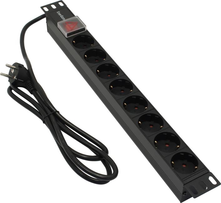 Блок розеток горизонтальный ExeGate ServerPro PDU-19H802 Al-8S-EU1.8-SW, 19", 1U, Алюминий, 8 Schuko, кабель с евровилкой VDE-250V-16A-3*1.5мм2, 1.8 метра, выкл. с подсветкой, черный