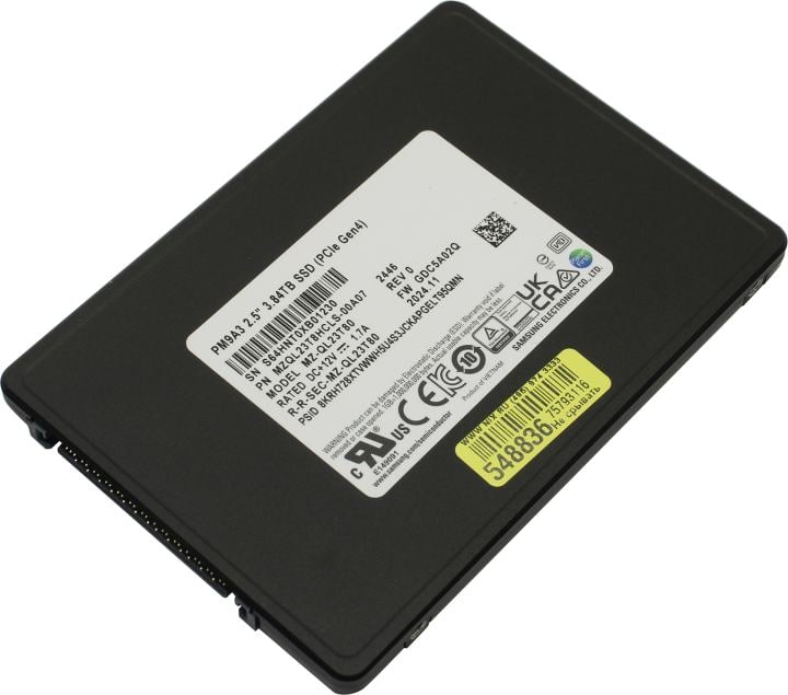 Твердотельный накопитель Samsung Enterprise SSD, 2.5(SFF/U.2) 7mm, PM9A3, 3840GB (3.84TB), NVMe PCIe 4.0 (1x4), R6900/W4100Mb/s, IOPS(R4K) 1000K/180K, MTBF 2M, 1DWPD/5Y, TBW 7008TB, OEM, (repl. MZQLB3T8HALS-00007)