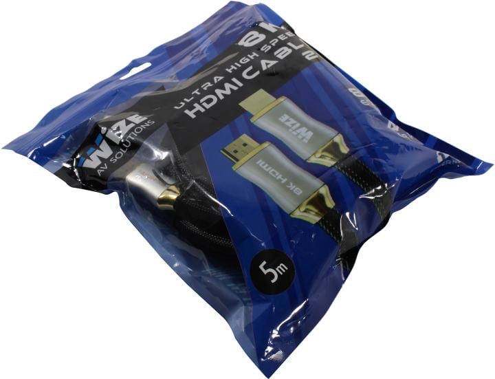 Кабель HDMI Wize WAVC-HDMI8K-5M 5 м, v.2.1, KLock, 19M/19M, 8K/120Hz/60Hz, 4K/144Hz/120Hz 4:4:4, eARC, HDCP 2.3/EDID/HEC/CEC/DDC, 26 AWG, ультравысокоскоростной, позол.разъемы, 24 карат, черный, пакет