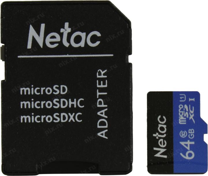 Netac <NT02P500STN-064G-R> microSDXC Memory Card 64Gb UHS-I U1 +  microSD-->SD  Adapter