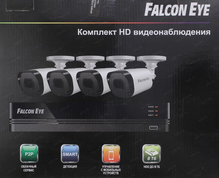 Falcon Eye <FE-104MHD KIT ДАЧА SMART> (HVR 4Video In/4IP-cam,150FPS,1xSATA,LAN,USB2.0,VGA,HDMI + 4  cam F=3.6, LED)