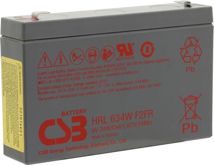 Батарея CSB серия HRL, HRL634W F2 FR, напряжение 6В, емкость 8.5Ач (разряд 20 часов), 34 Вт/Эл при 15-мин. разряде до U кон. - 1.67 В/Эл при 25 °С, макс. ток разряда (5 сек.) 130А, ток короткого замыкания 380А, макс. ток заряда 3.4A, свинцово-кислотная тип/ Battery CSB series HRL, HRL634W F2 FR, voltage 6V, capacity 34 W/C at 15 min. discharge to U con. - 1.67 V/Cel at 25°C, (discharge 20 hours), max. discharge current (5 sec.) 130A, short circuit current 380A, max. charge current 3.4A, lead-aci