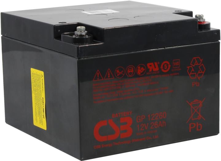 Батарея CSB серия GP, GP12260, напряжение 12В, емкость 26Ач (разряд 20 часов), макс. ток разряда (5 сек.) 350А, ток короткого замыкания 650А, макс. ток заряда 7.8A, свинцово-кислотная типа AGM, клеммы В1, под гайку и болт М5, ДxШxВ 166x175x125мм., вес 8.45/ Battery CSB series GP, GP12260, voltage 12V, capacity 26Ah (discharge 20 hours), max. discharge current (5 sec.) 350A, short circuit current 650A, max. charge current 7.8A, lead-acid type AGM, terminals B1, for nut and bolt M5, LxWxH 166x175x