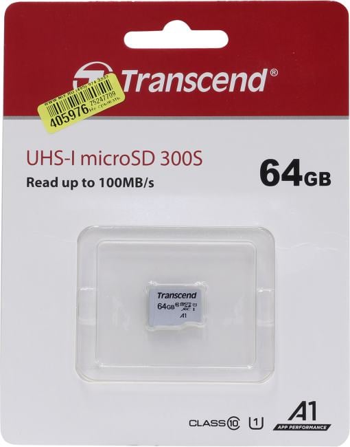 Карта памяти Transcend - 300S, microSDXC, write speed 20Mb/s, read speed 100Mb/s, UHS-I Class 1, Class 10, 64GB, TS64GUSD300S