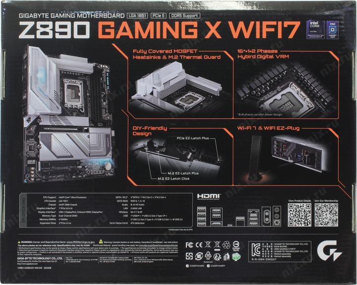 GIGABYTE Z890 GAMING X WIFI7 (RTL) LGA1851 <Z890> 3xPCI-E HDMI+DP 2.5GbLAN+WiFi+BT SATA  RAID ATX 4DDR5