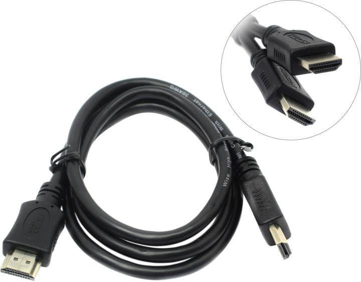 Кабель HDMI Wize [C-HM-HM-1M] 1 м., v.2.0, 19M/19M, 4K/60 Hz 4:4:4, Ethernet, позол.разъемы, экран, черный, пакет