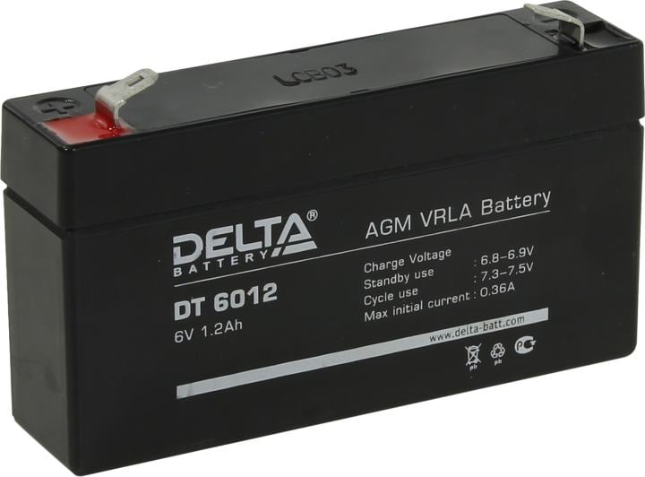 Батарея DELTA серия DT, DT 6012, напряжение 6В, емкость 1.2Ач (разряд 20 часов),  макс. ток разряда (5 сек.) 16.2А, макс. ток заряда 0.36А, свинцово-кислотная типа AGM, клеммы F1, ДxШxВ 97х24х51мм., вес 0.29кг., срок службы 5 лет./ Battery DELTA series DT, DT 6012, voltage 6V, capacity 1.2Ah (discharge 20 hours), max. discharge current (5 sec.) 16.2A, max. charge current 0.36A, lead-acid type AGM, terminals F1, LxWxH 97x24x51mm., weight 0.29kg., service life 5 years.