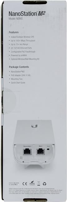 UBIQUITI <NSM2> NanoStation M2 Outdoor PoE Access Point (2UTP 100Mbps,  802.11b/g/n, 150Mbps, 11dBi)