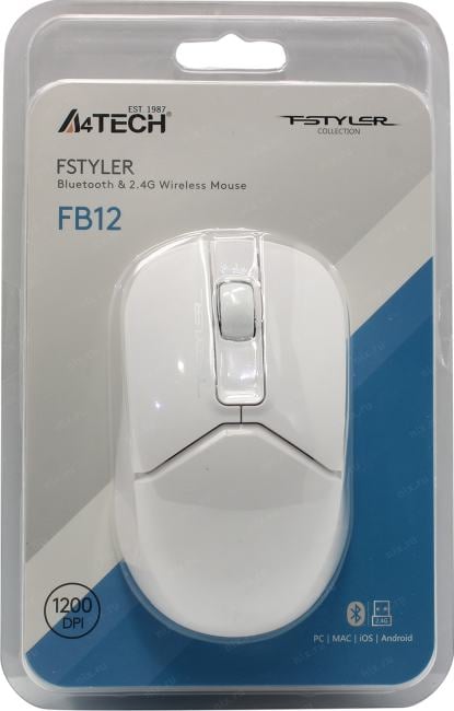 A4Tech FSTYLER Wireless&Bluetooth Optical Mouse <FB12 White>  (RTL) USB 3btn+Roll