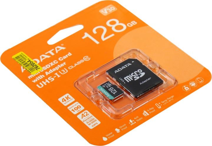 ADATA <AUSDX128GUI3V30SA2-RA1> microSDXC Memory Card 128Gb V30 UHS-I  U3  A2  Class10+microSD-->SD Ad.