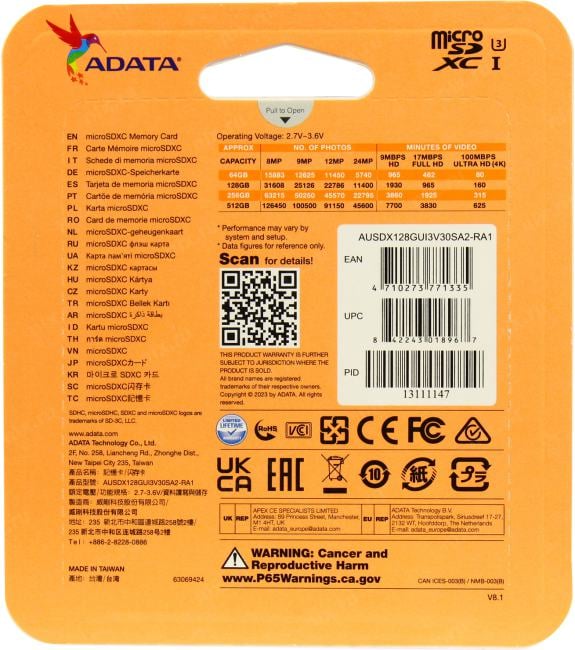 ADATA <AUSDX128GUI3V30SA2-RA1> microSDXC Memory Card 128Gb V30 UHS-I  U3  A2  Class10+microSD-->SD Ad.